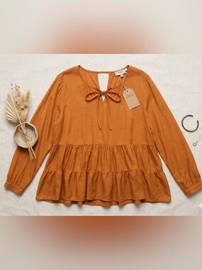 Brand Cream - Tiered Peasant Blouse with Tie Neck in Mustard